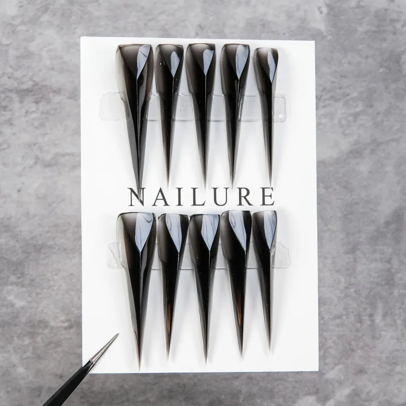 Super Long Stiletto Press On Nails Smoky Black Transparent Gradient Glossy Fake Nails Handmade Reusable False Nail Tips Cool Got