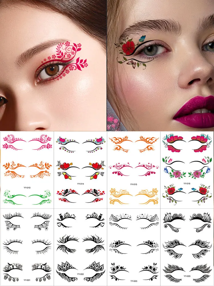 Fard à barrage coloré imperméable pour femme, tatouages pour le visage, eye-liner, autocollants temporaires pour Halloween, spectacles sur scène, 9 pièces par paquet