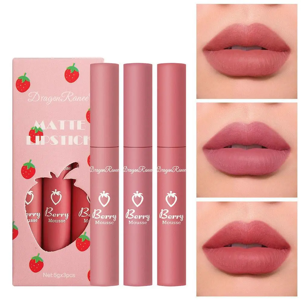 3 Stuks Aardbei Lip Glazuur Set Fluweel Matte Vloeibare Lippenstift Lippenstift Non Stick Cup Nieuw