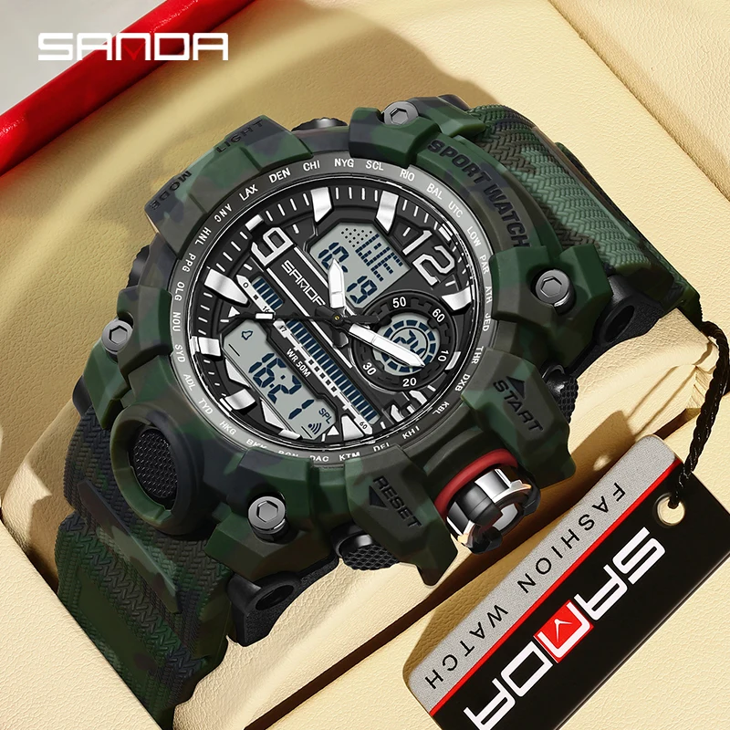 

SANDA Men Sports LED Digital Watches Dual Display Analog Quartz Wristwatches Waterproof Camouflage Military Army Timing Watch