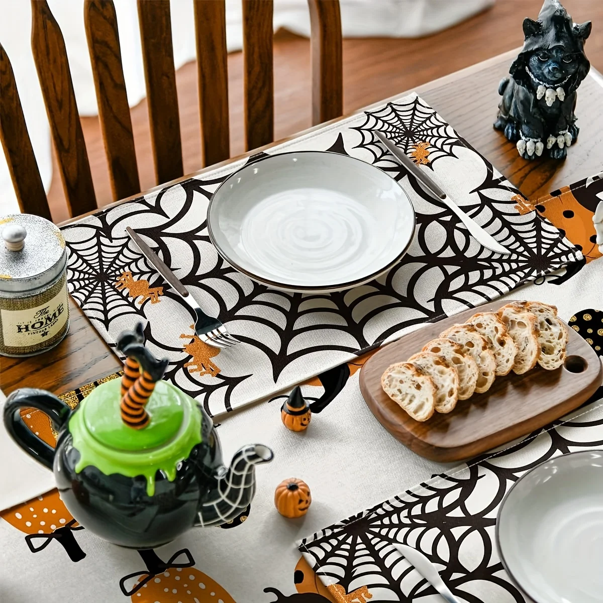 VIKAMA Black Cat Spider Web Teapot Square Placemat Non Slip Waterproof Heat Resistant Dining Table Mat for Holiday Party Decor