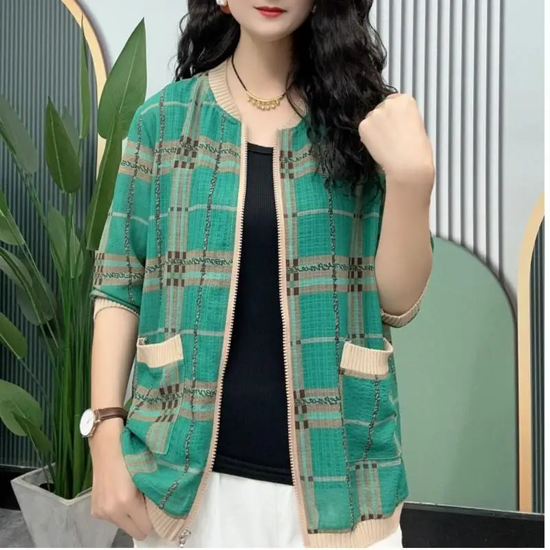 Women\'s Fashion Vintage Plaid Zipper Coat Casual Female Clothing Contrast Color Long Sleeve Commute Pockets Spliced Cardigan