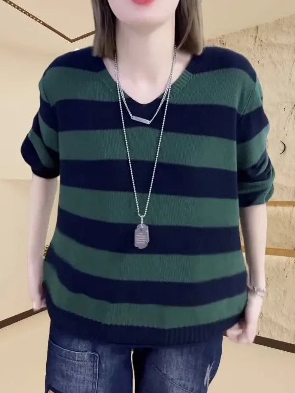 

Loose Large Size Knitted V-Ne Striped Casual Faionable Design Women's Autumn Long Sve Mid-Length Top