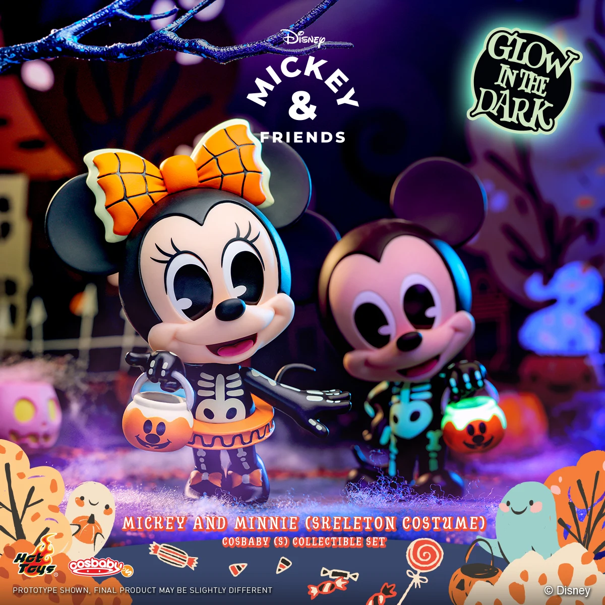 Disney Mickey Mouse&Minnie (Skeleton Costume Edition) Cosbaby (S) Mini Collection Doll Luminous Ornament Halloween Gift