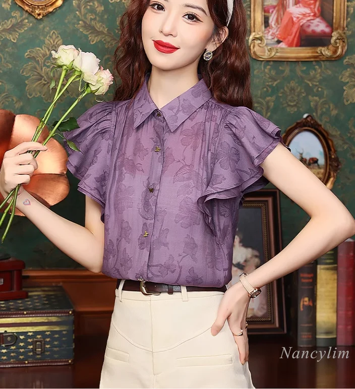 Vintage Print Short Sleeves Purple Chiffon Shirts and Blouses Women's Summer Top 2024 New Elegant Flying Sleeves Top Blusas