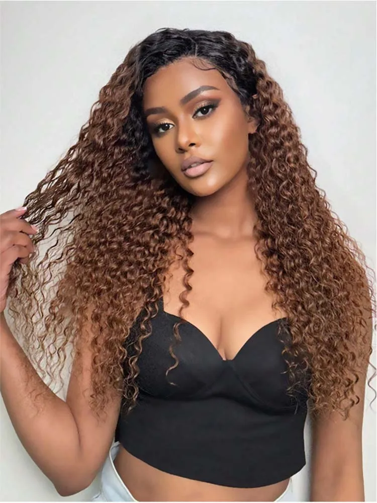 

Deep Curly Ombre Chocolate Brown Lace Frontal Wig Human Hair 13x6 HD Lace Frontal Wigs Pre Plucked 6x6 Closure Glueless Wig
