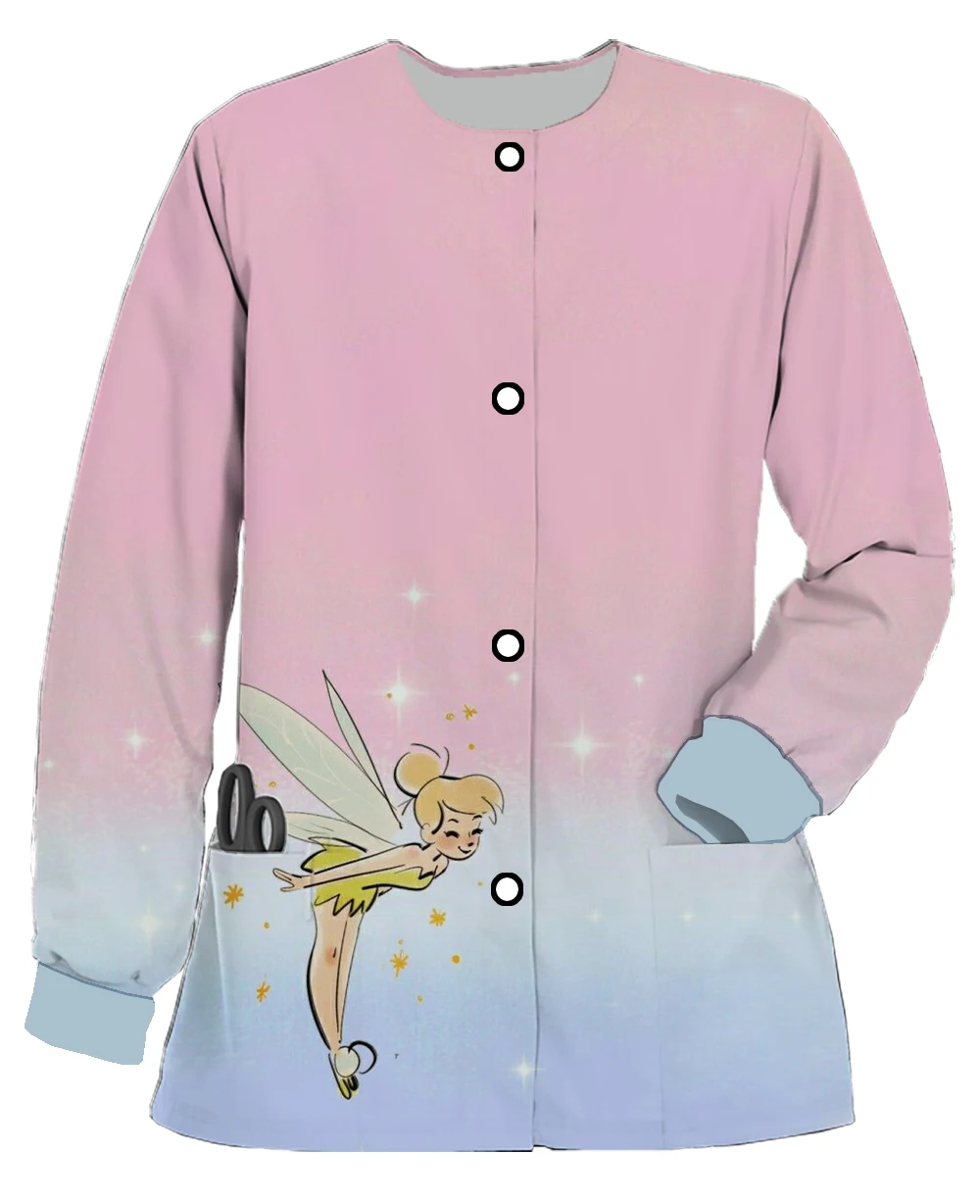 Spring Ladies Work Uniform Disney Wonder Fairy Round Neck Pocket Warm Scrub Jacket Nurse Care Worker Casual Cartoon Tops