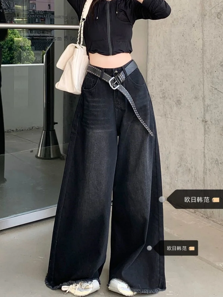Women's Black Gothic Emo Baggy Jeans Y2k Gyaru Oversize Denim Trousers Vintage Harajuku Grunge Alternative Wide Leg Jean Pants