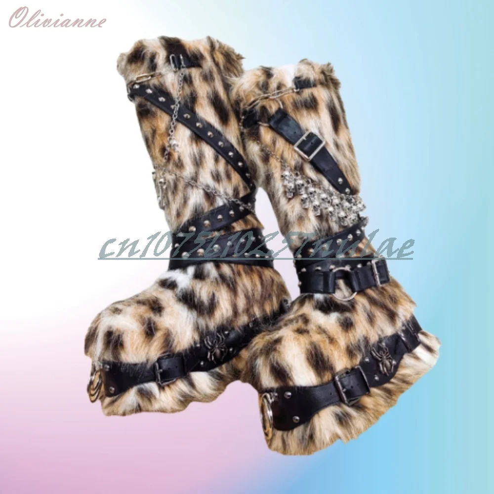 2026 New Punk Fur Boots with Round Toe Belt Buckle Design and Rivet Decoration Thick Soled Platform Hot Women Shoes Para Mujere