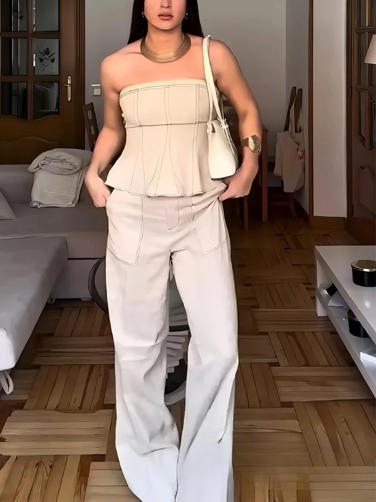 

KONDALA Elegant Sheath Chic Women Beige Set Ruffled Strapless Top Wide Leg Long Pants New 2025 Summer Fashion Holiday Casual Set