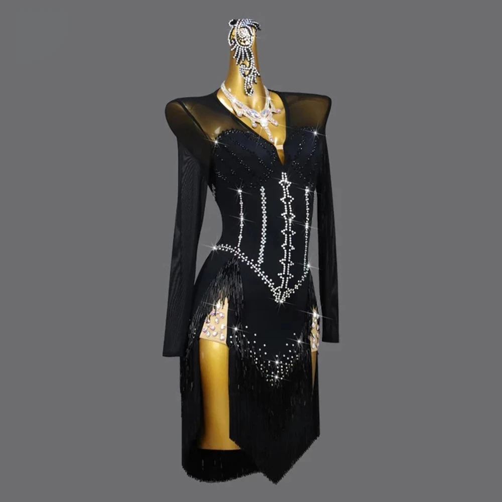 2025 novo vestido de dança latina traje de palco midi festa conjunto feminino prática vestido festa sexy menina samba vestido dança dançarina