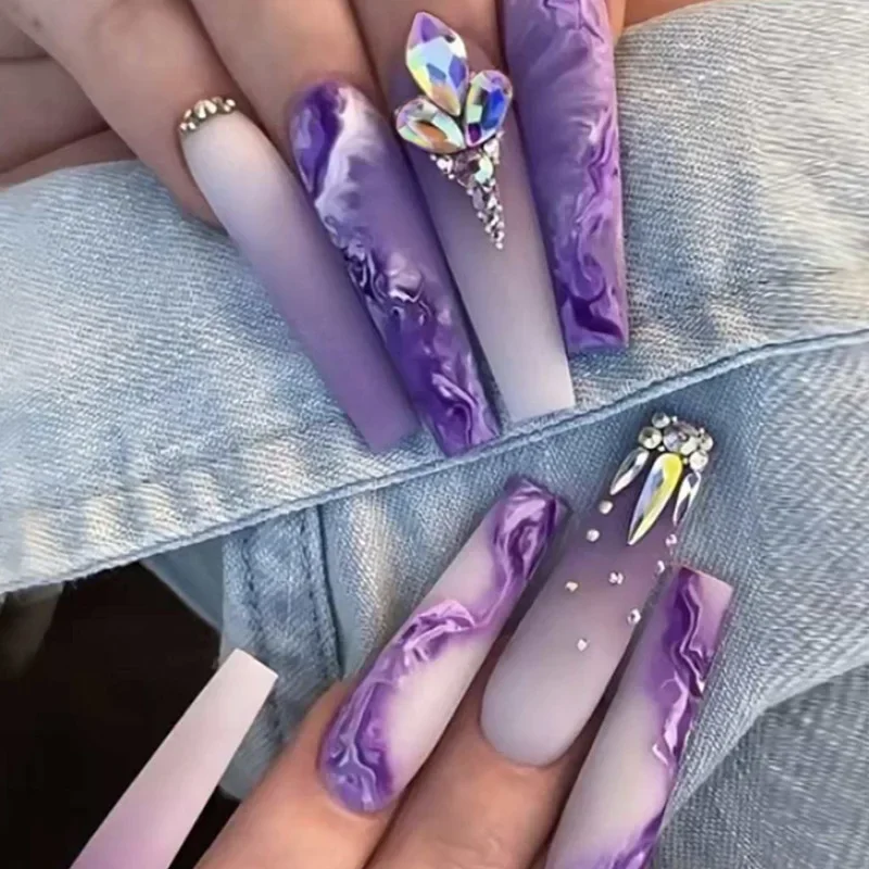 

24Pcs Extra long Purple Fake Nails with Rhinestone Shiny Reusable Artificial False Nail Y2K Glossy Long Ballerina Press on Nails