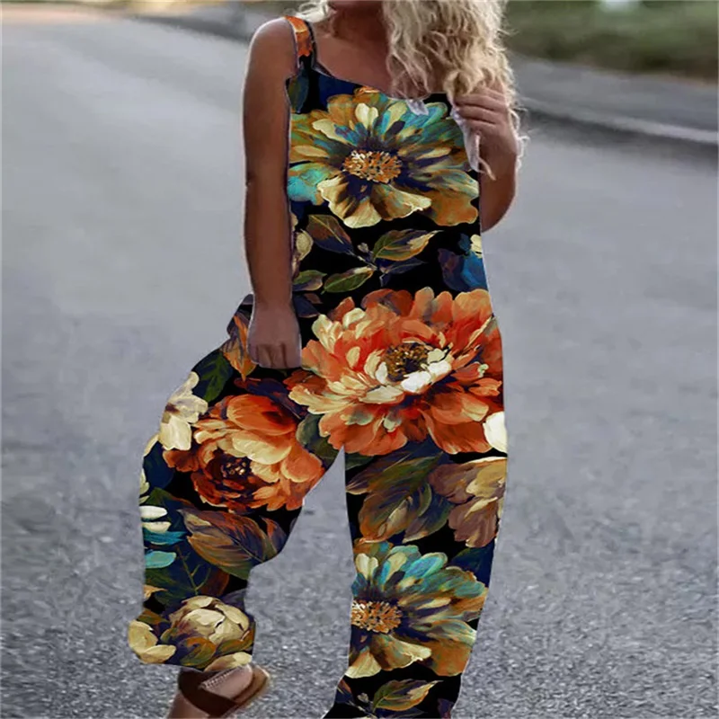 Summer Women's Comfortable Casual Jumpsuit, Women's Long Pants, Flower Pattern 3D Printing, Plus size Jumpsuit, Cropped Pants,