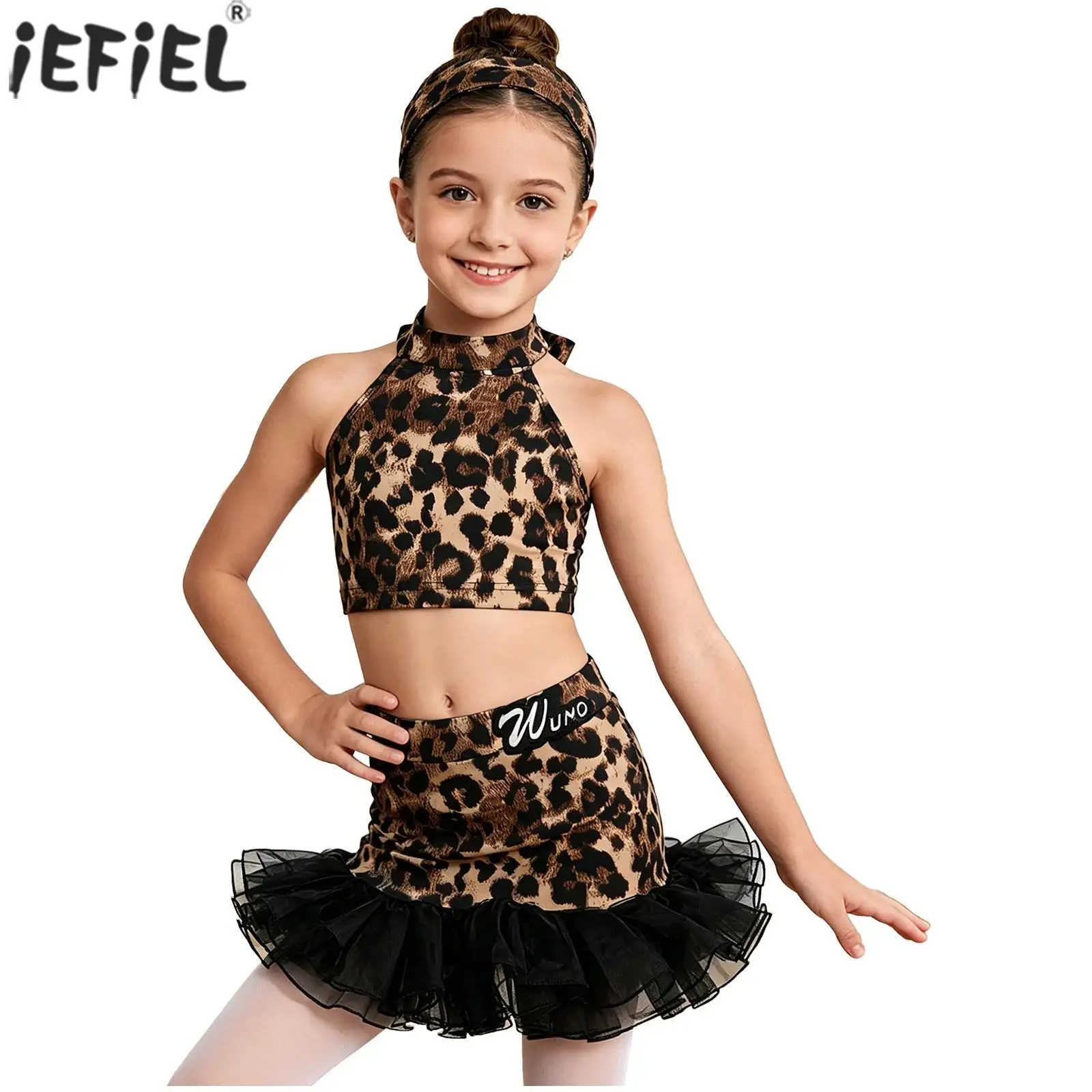 Kids Girls Ballroom Latin Dance Costume Leopard Print Halter Self-tie Crop Top with Ruffle Skirt for Rumba Cha Cha Samba Tango