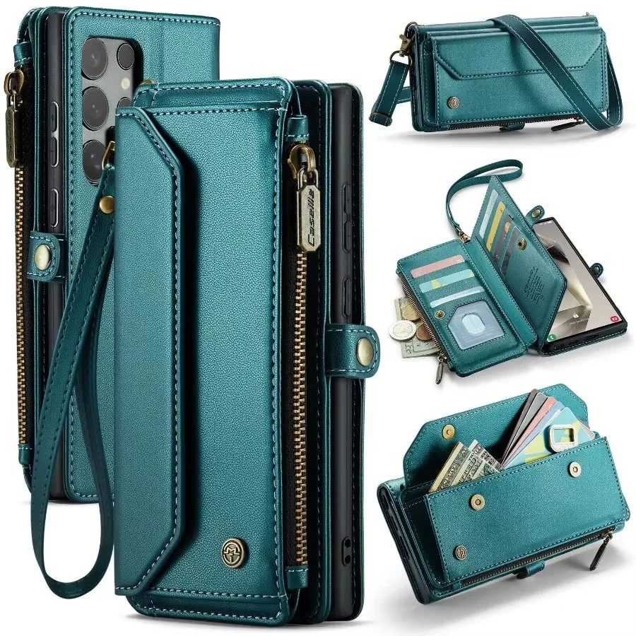 

Shoulder Strap Lanyard Leather case For Samsung S25 S24 S23 S22 S21 S20 Note20 Ultra S24FE Zipper Wallet Case Card Slots Shell