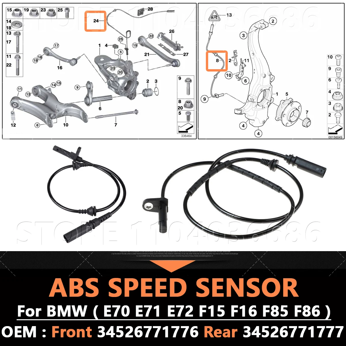 

For 2010-2019 BMW X5 X6 M/Hybrid (E70 E71 E72 F15 F16 F85 F86) ABS Speed Sensor 34526771776 34526771777