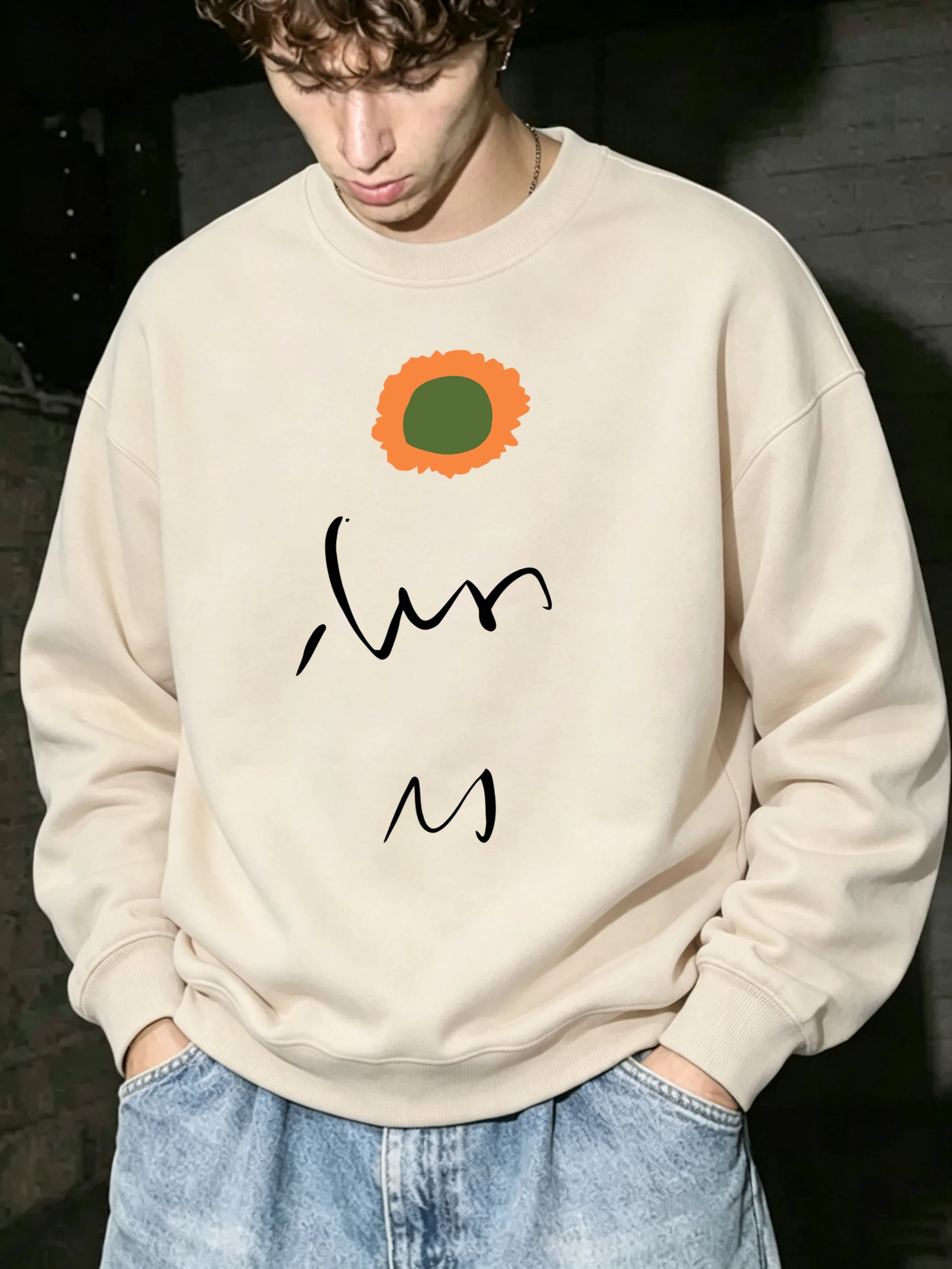 Sunflower Handwritten Script Print Sweatshirt Autumn Man Loose O-Neck Clothes Fleece Trendy Pullover Daily Street Sportswear