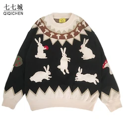 Japanese Knitted Sweater Women Men Cartoon Rabbit Pullover Jumpers Streetwear Hip Hop O-neck Loose Knitwear Sweater Tops Unisex