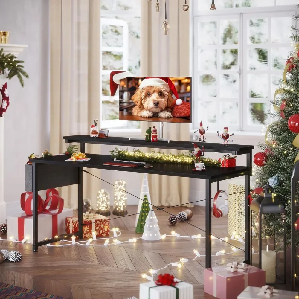 Mesa do computador com suporte ajustável Monitor, Home Desk, Escrita Desk, 3 níveis, Estudo Workstation, 63 polegadas