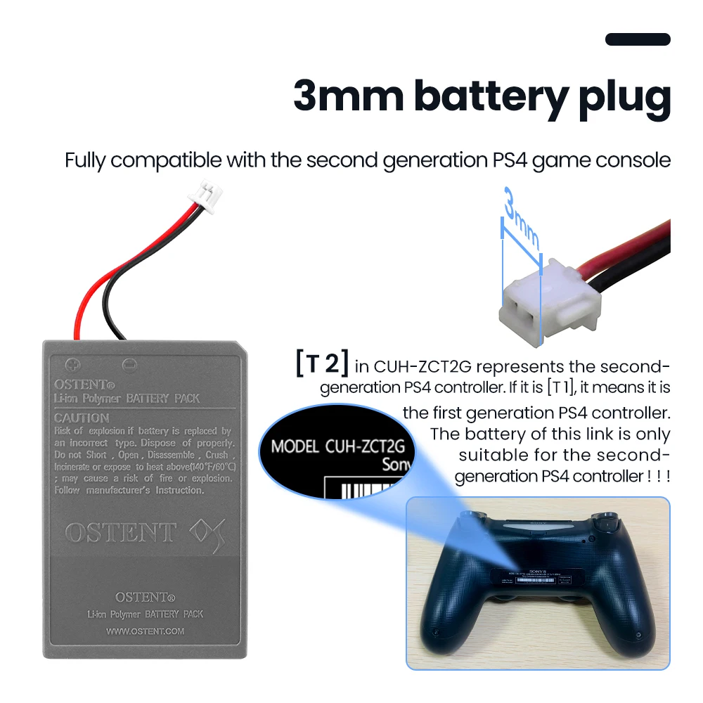 OSTENT Battery Pack Replacement for Sony PS4 Pro Slim Bluetooth Dual Shock Controller Second Generation CUH-ZCT2 or CUH-ZCT2U