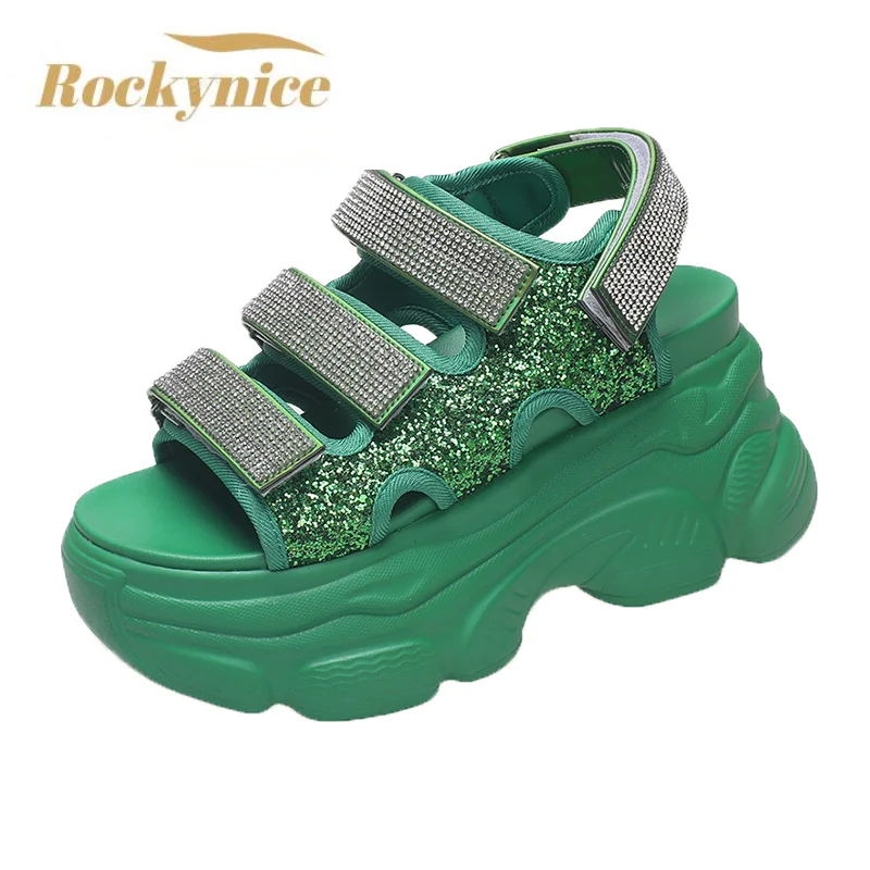 

Women Summer Platform Bling Sandals Breathable Wedges 9CM High Heels Ladies Crystal Beach Slippers Chunky Shoes Sandalias Mujer