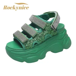 Women Summer Platform Bling Sandals Breathable Wedges 9CM High Heels Ladies Crystal Beach Slippers Chunky Shoes Sandalias Mujer