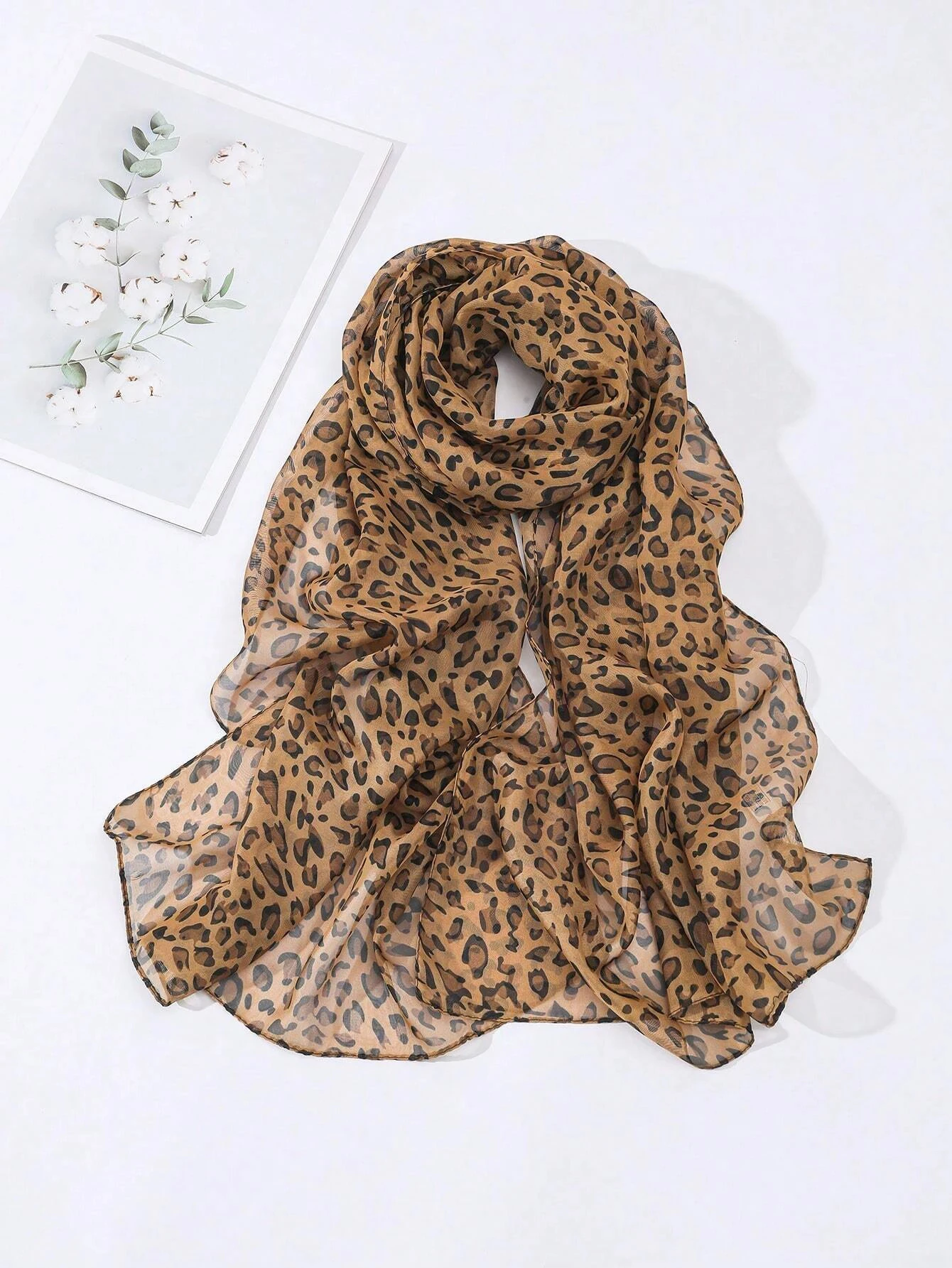 

Coffee Brown Leopard Print Chiffon Printed Scarf for Women Full Length for Elegant Women