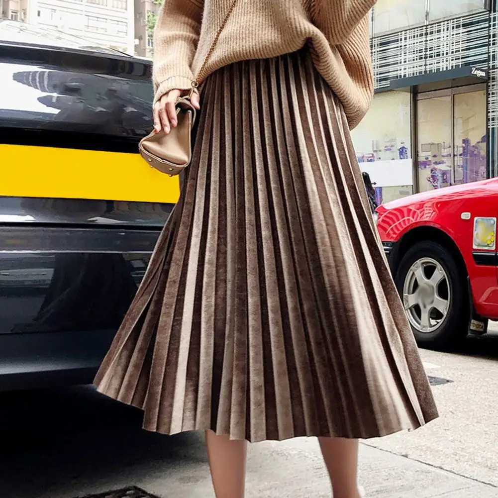 Breathable Velvet Skirt Women Midi Skirt Elegant Velvet Pleated Midi Skirt for Women High Waist Loose Fit Long Autumn Winter