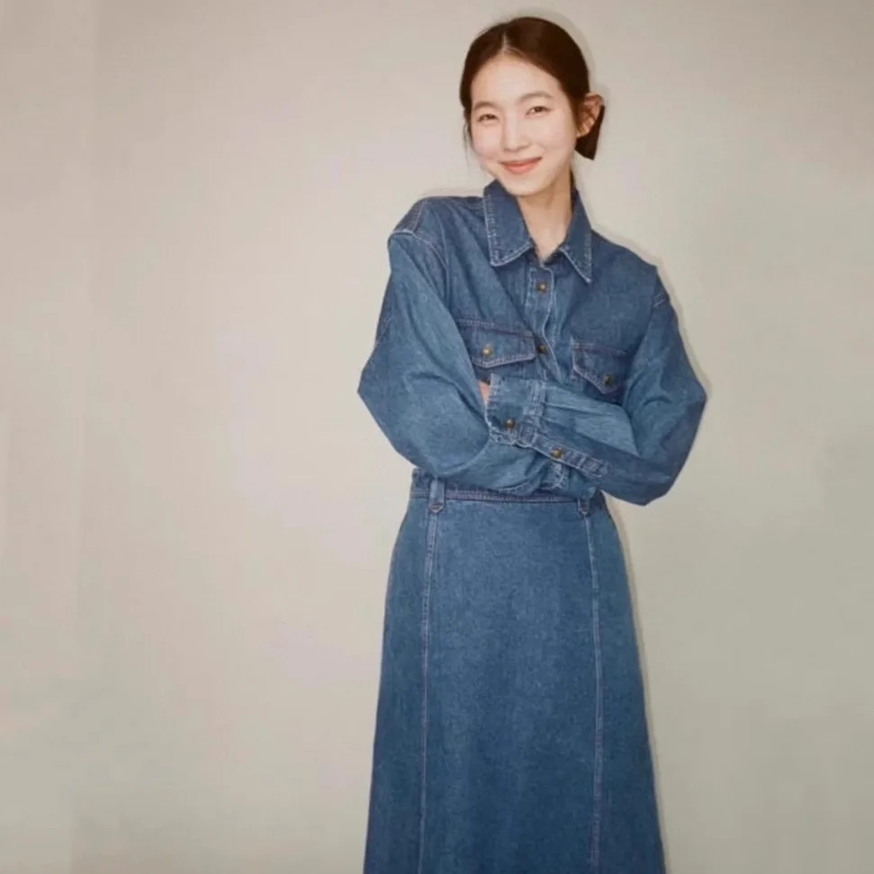 

Loose Casual Long Sve Denim irt High Waist A-Line Skirt Set Women's Faion Korean Sle Autumn Collection