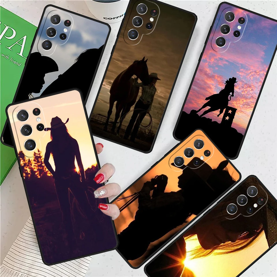 Sunset Cowgirl Horse Silhouette For Samsung Galaxy S24 Ultra S21 S22 S8 S9 S10 5G Note 10 20 Plus FE S23 Phone case Cover Coque