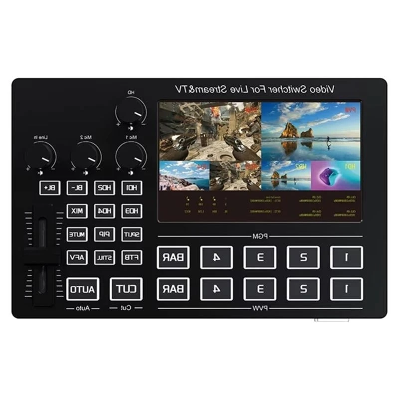 [NEW!A25P】 Video Mixer Switch 1080P 4 Channel -Compatible Support Mic Line In Audio Mix