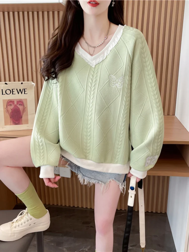 Primavera Autunno Dolce Top morbido Ragazze Alla moda Allentato scollo a V in pizzo con volant Bordo in rilievo Farfalla Digitale Fresco Pullover casual