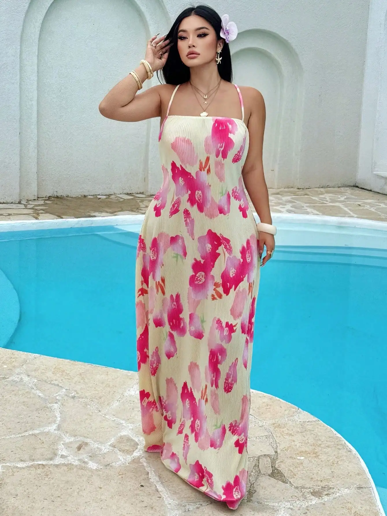 

Женское повседневное макси-платье больших размеров без рукавов с цветочным принтом