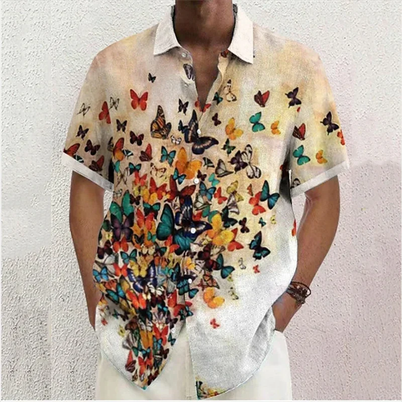 Men\'s Shirt Floral Butterfly 3D printed lapel button shirt Outdoor street short sleeve clothing Fashion designer casual top