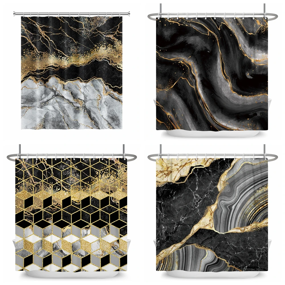 Black Gold Marble Shower Curtains for Bathroom Abstract Golden Modern Luxury Shower Curtain Waterproof Fabric with Hooks