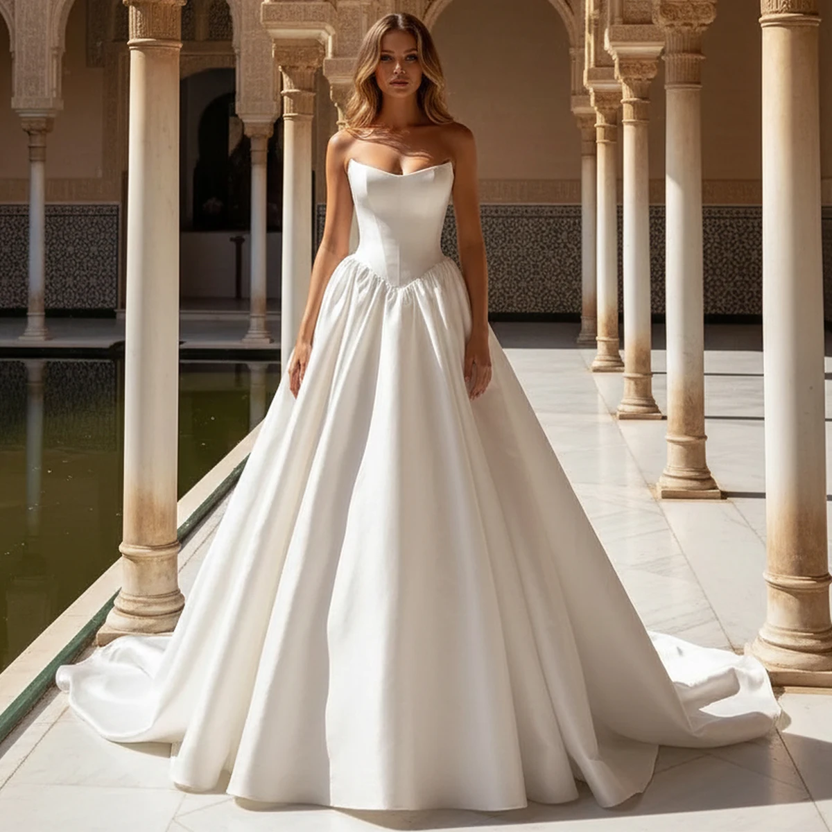 

Simple Puffy Strapless Wedding Dress With Train A Line Long Satin Bridal Party Gown Strapless Ball Gown For Women Vestidos Novia