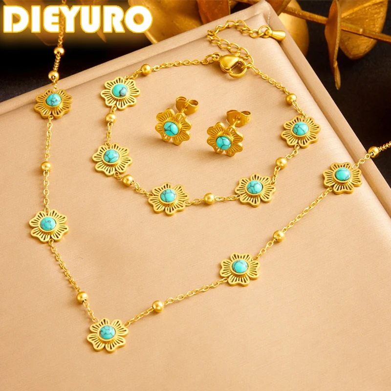 

DIEYURO 316L StainlessTurquoise Hollowed Out Flower Necklace Earrings Bracelet Suit Women Concise Trend Non-fading Jewelry Set