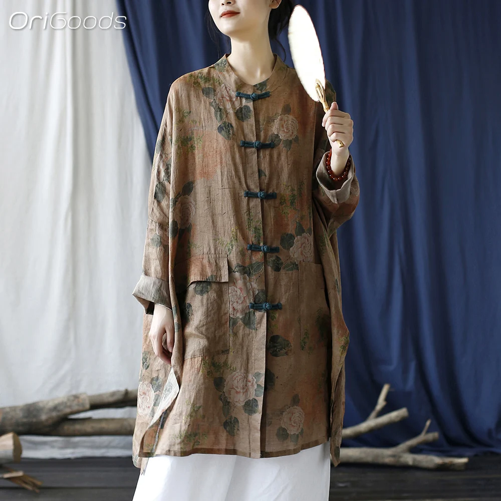OriGoods Oversized Long Shirt Woman Linen Summer Tops Ramie Fabric Floral Shirt Vintage Flower Print Long Sleeve Blouse X035