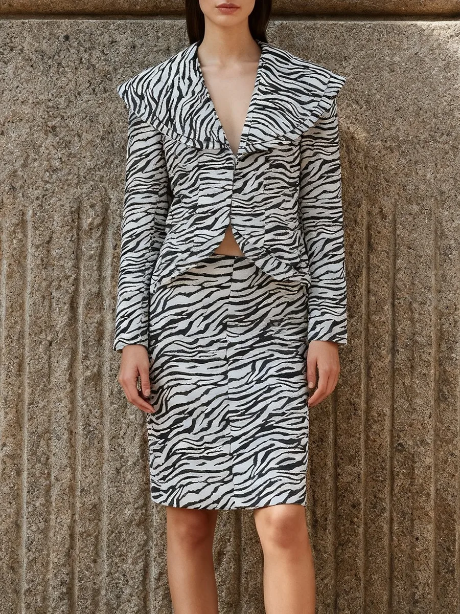 TWOTWINSTYLE Zebra Stripe Print Two Piece Set for Women Lapel Long Sleeve Spliced Zipper Short Coat Mid Waist Knee Skirt Female