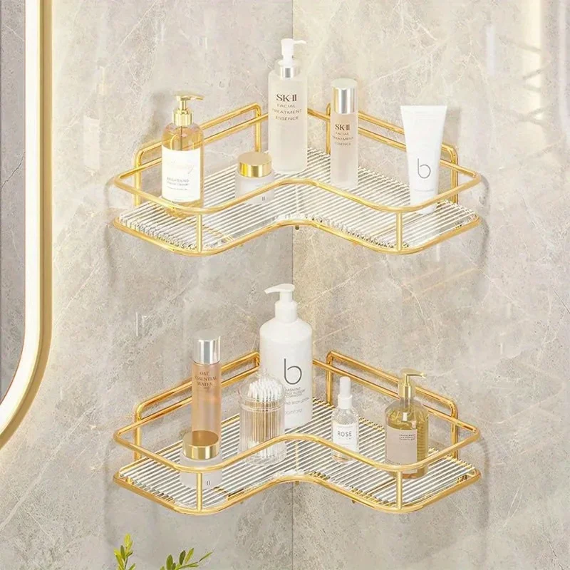 Gold Bathroom Shelfs Wall Mounted Triangular Storage Rack Acrylic Hand Washing and Washing Table Bathroom Toilet Corner Folding