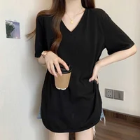Slimming V-Ne ort Sve T-irt for Women Casual Comfortable Loose Fit Mid-Length Open-Cut Top Suitable for plus Sizes