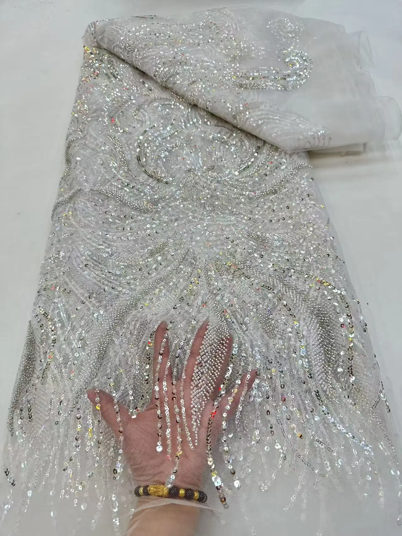 

White Lace Fabric 2025 High Quality Luxury Laces On Sale 5 Yards Dubai Sequin Beaded Mesh Teal Fabric For Weddings Dresses H81-1