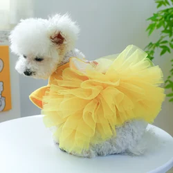 1PC Pet Clothing Dog Cat Autumn and Winter Thickened Warm Yellow Bow Princess Dress With Drawstring Buckle For Small Medium Dogs