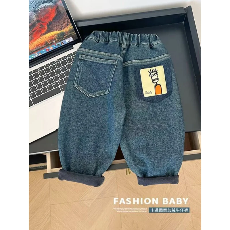 

Boys Fleece Lined Denim Jeans Winter Thick Straight Leg Trousers Youthful Daily Wear Comfortable Fit Long Pants