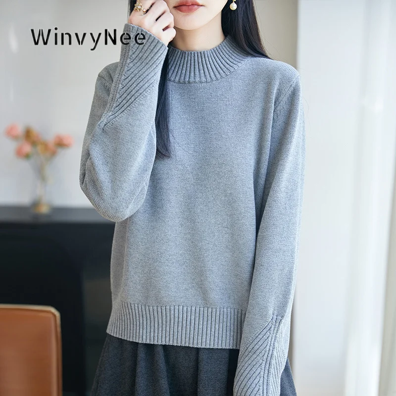 WinvyNee Women Knit Pullover Ribbed Mock Neck Diagonal Rib Cuff 100% Cotton Long Sleeve Top Autumn Winter Simple Inner ZA1892047