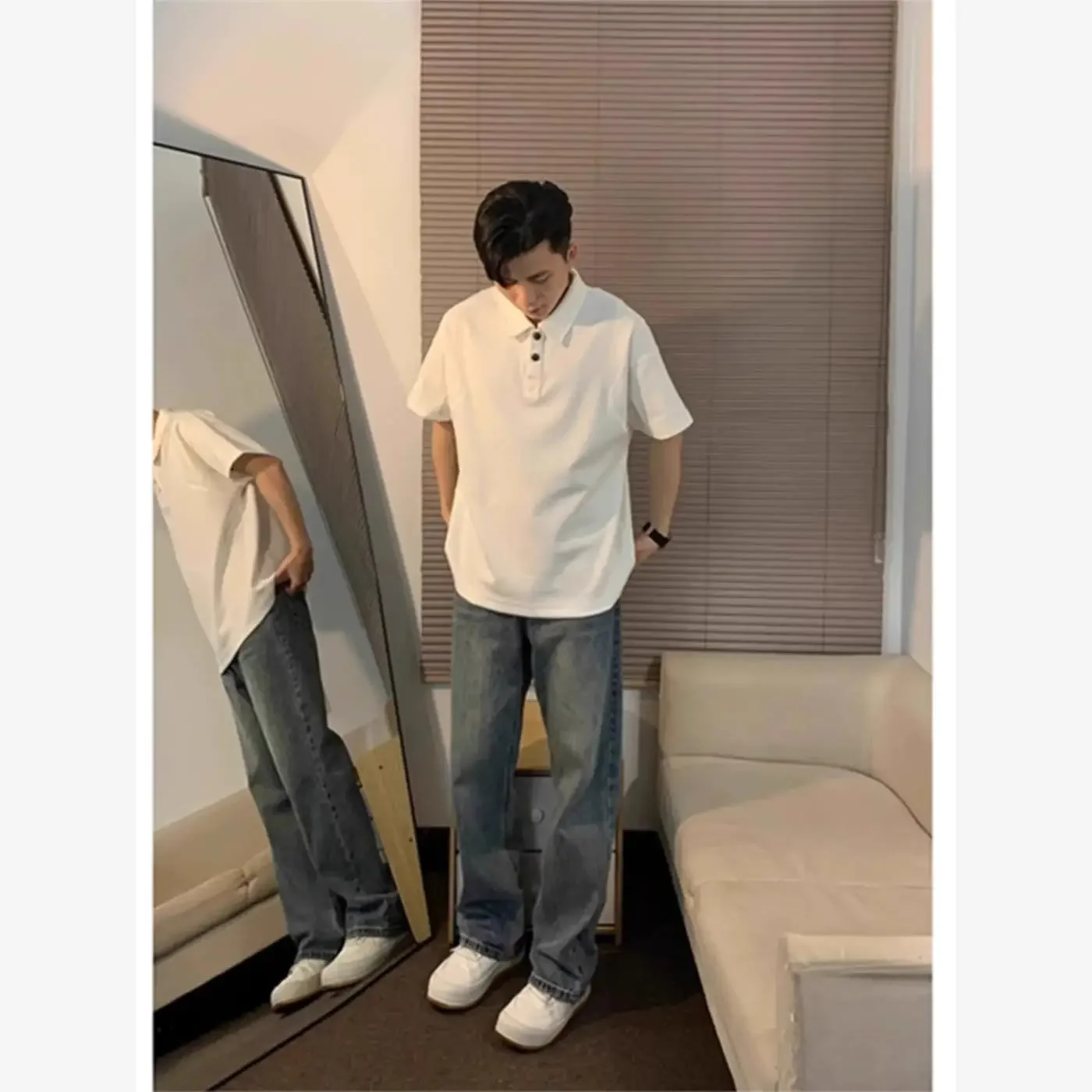 

Summer New Fashion Men's Casual Trendy Solid Color Turn-down Collar Short Sleeve T-shirts Loose Straight T-shirts Male Tops