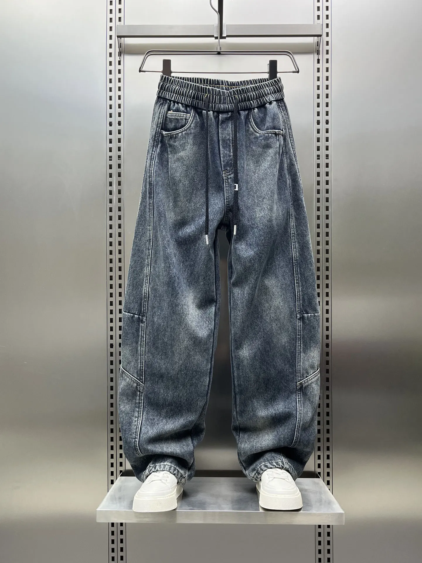 

Men's Winter Fce Lined Loose Fit Denim Jeans Casual Straight Leg Trousers Patchwork Wide Leg Knife Pants