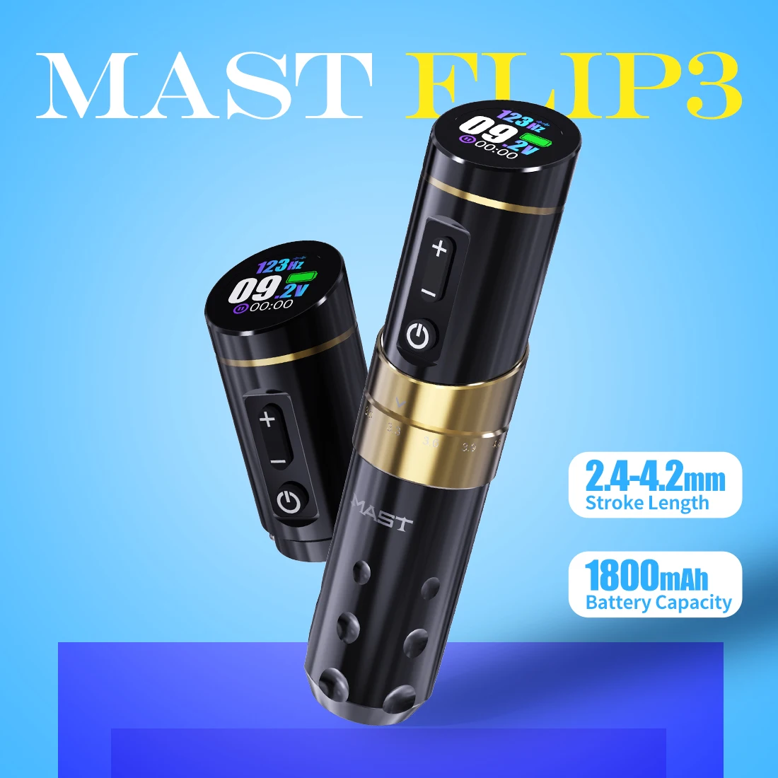Mast Tattoo Flip3 Wireless Tattoo Maschinengewehr Stift 2,4–4,2 mm 2 Batterien liefert 1800 mAh für Tattoo-Künstler