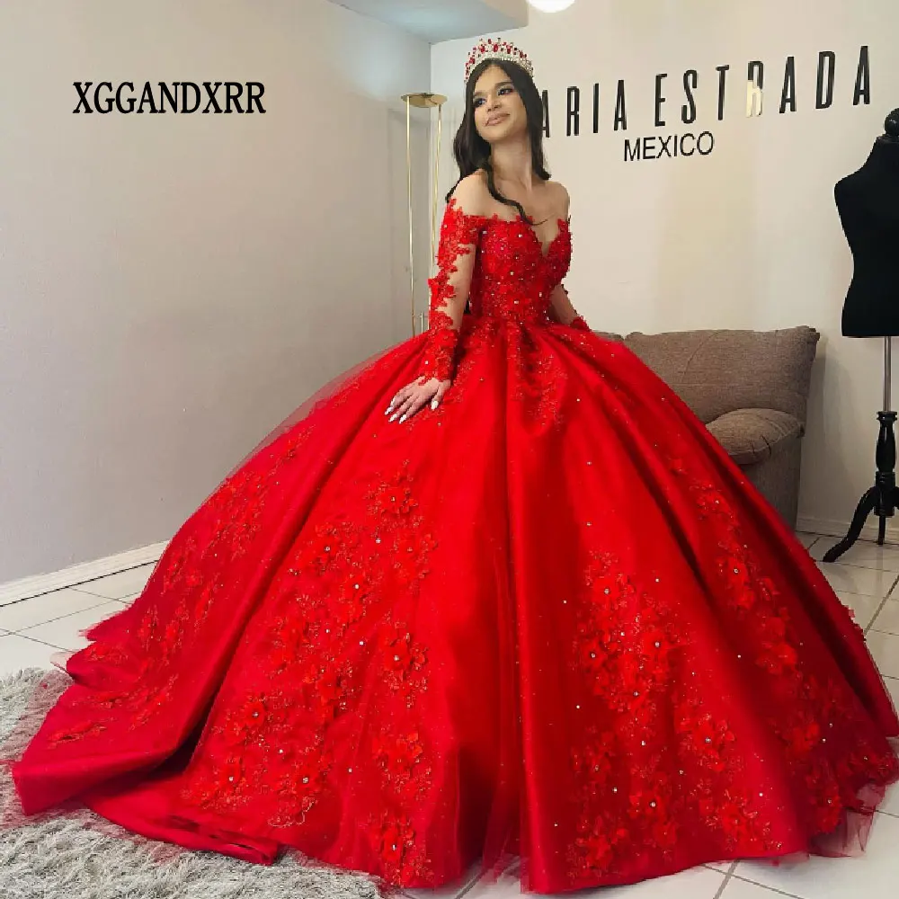 New Arrival Ball Gown Red Quinceanera Dress 2024 Long Sleeves Off Shoulder Princess Gril Sweet 15 16 Birthday Party Gown Pageant