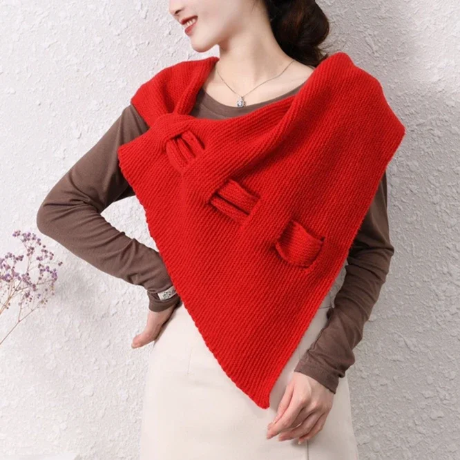 

Fashion Spring Autumn Knitted Shawl Women Crochet Shoulder Guard Neck Infrared Pierced Cloak Tied Scarf Fake Shawl Red